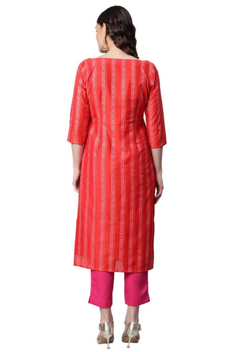 Women's Red Poly Chanderi Printed Kurta Set With Dupatta