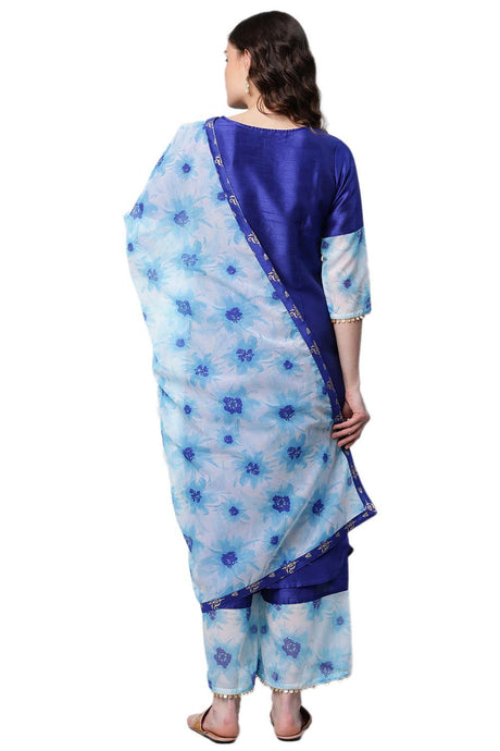 Women's Blue Art Silk Printed Kurta Set With Dupatta
