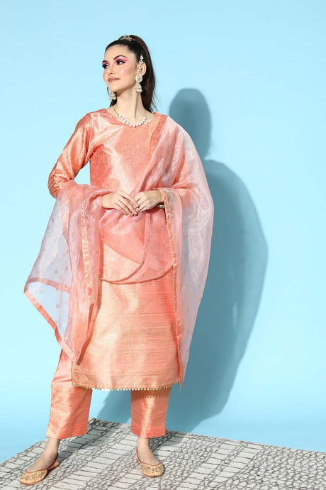 Women's Peach Poly Silk Printed Kurta Set With Dupatta