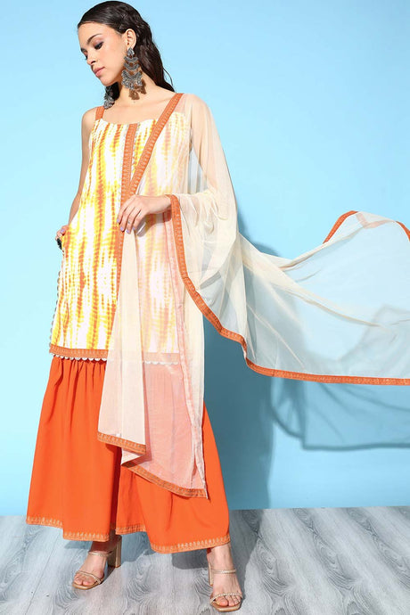 Women's Off White Poly Crepe Printed Kurta Set With Dupatta