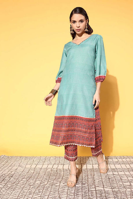 Women's Teal Cotton Blend Printed Kurta Set With Dupatta