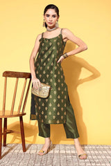 Women's Olive Poly Silk Printed Kurta Set With Dupatta