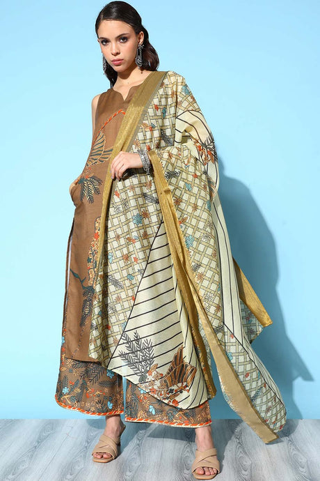 Women's Brown Cotton Blend Printed Kurta Set With Dupatta