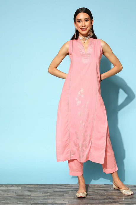 Women's Pink Cotton Blend Printed Kurta Set With Dupatta