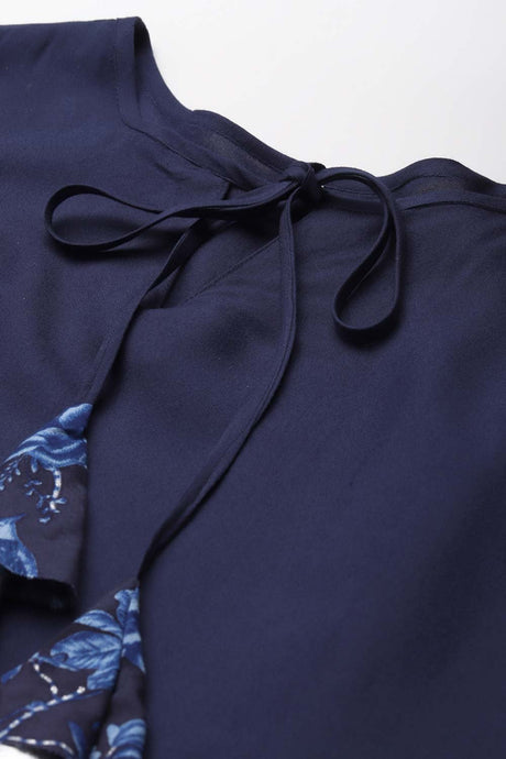 Women's Navy Blue Polyester Solid Kurta Set With Dupatta