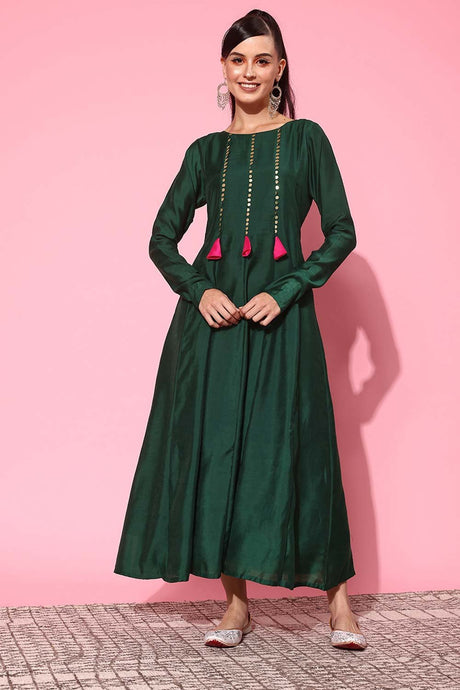 Women's Green Chanderi Solid Ethnic Dress