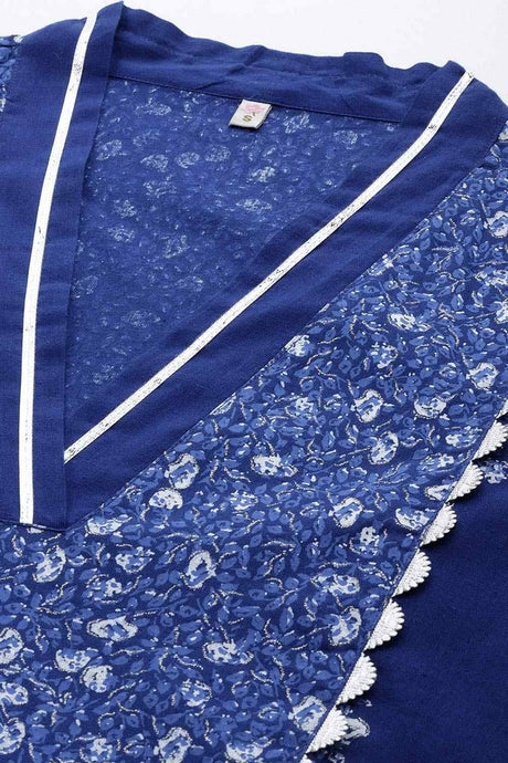 Women's Blue Cotton Printed Ethnic Dress