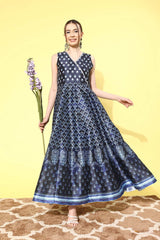 Women's Navy Blue Poly Silk Printed Ethnic Dress