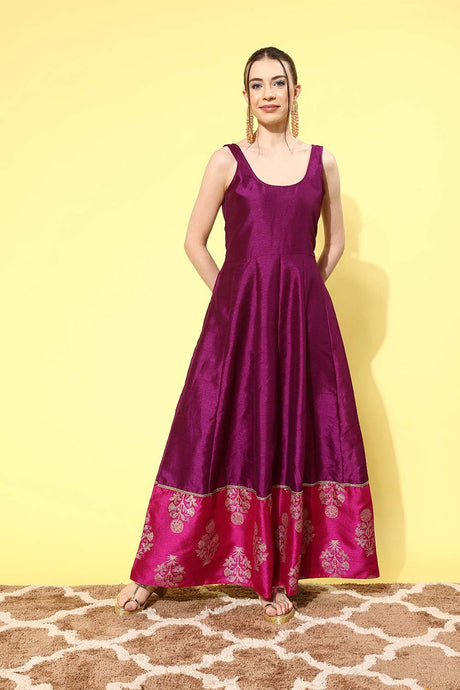 Women's Purple Poly Silk Printed Ethnic Dress