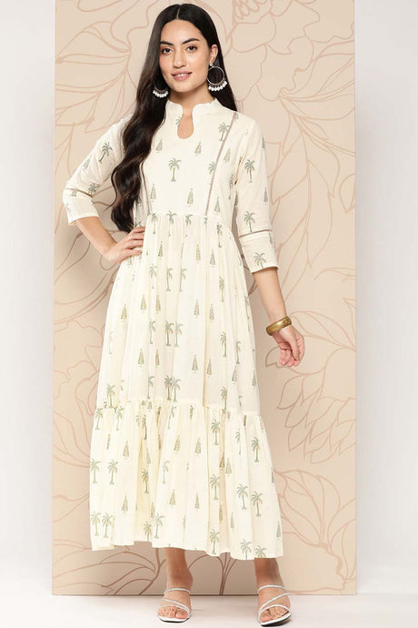 Women's Off-White Cotton Printed Ethnic Dress