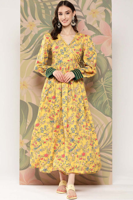 Women's Yellow Crepe Printed Ethnic Dress