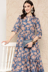 Women's Blue Crepe Printed Ethnic Dress