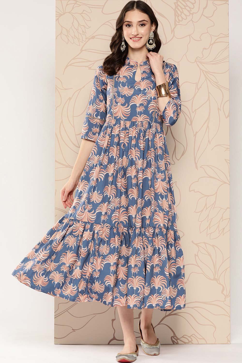 Women's Blue Crepe Printed Ethnic Dress