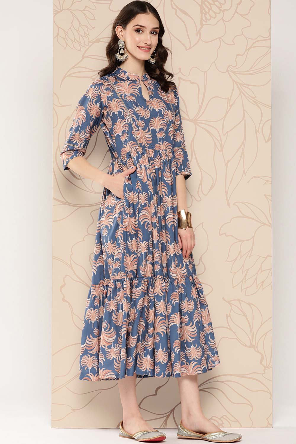 Women's Blue Crepe Printed Ethnic Dress