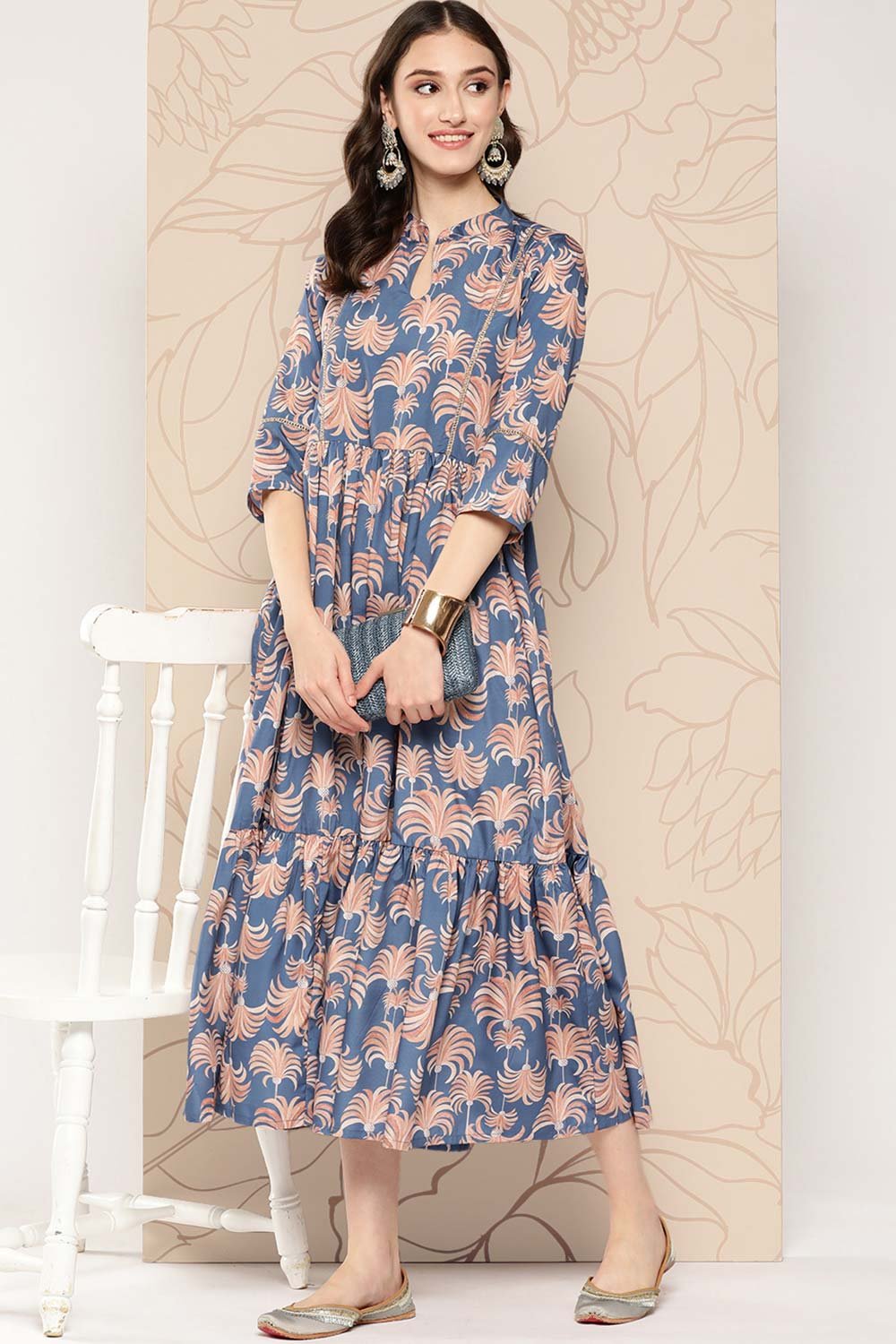 Women's Blue Crepe Printed Ethnic Dress