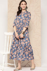 Women's Blue Crepe Printed Ethnic Dress