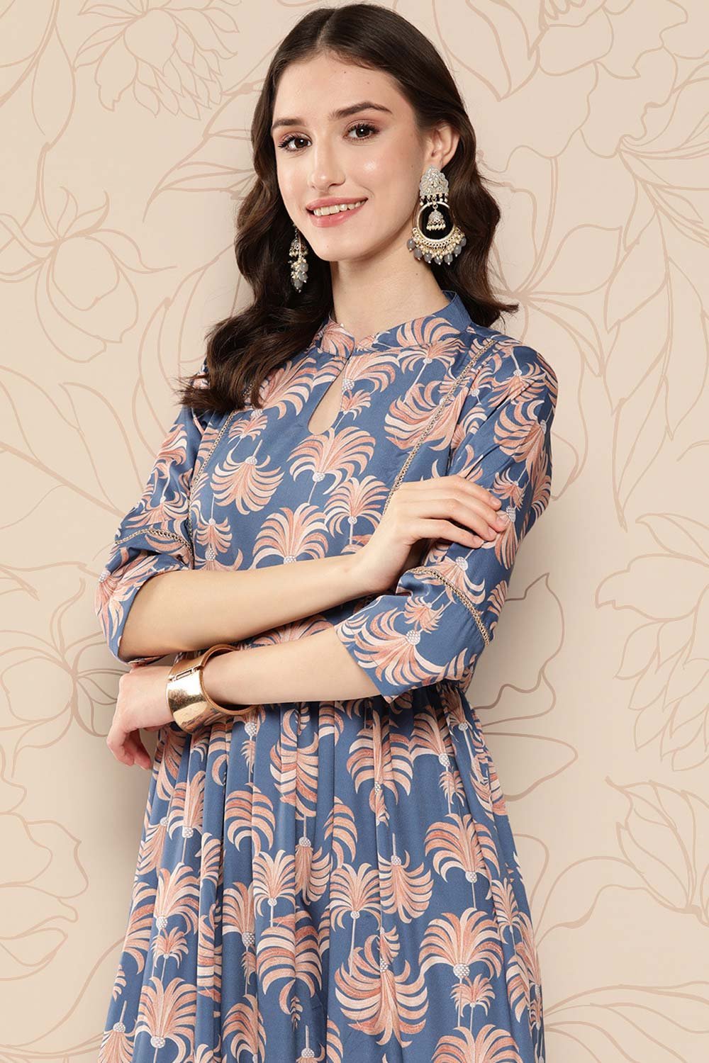 Women's Blue Crepe Printed Ethnic Dress