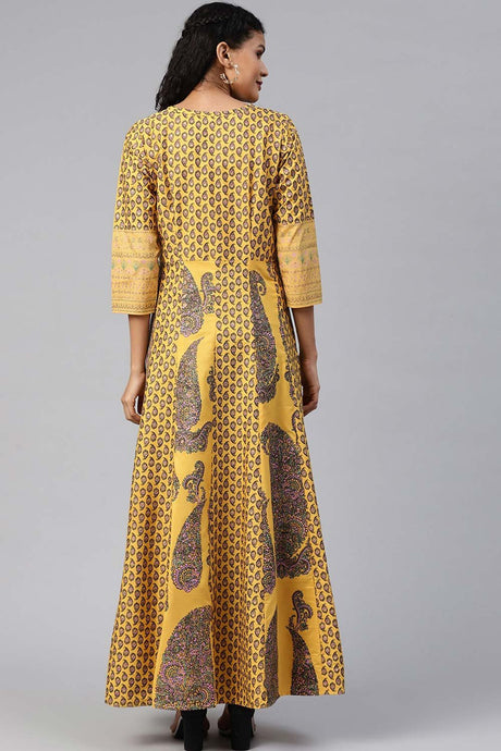 Women's Mustard Crepe Printed Ethnic Dress
