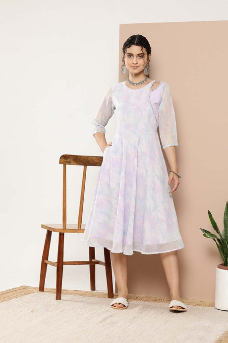 Women's Lavender Georgette Printed Ethnic Dress