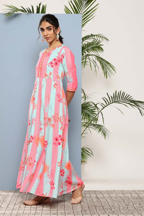 Women's Coral Silk Printed Ethnic Dress