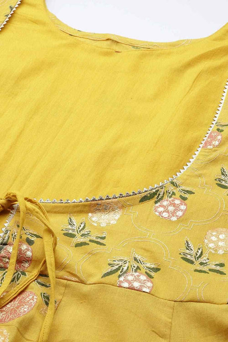 Women's Yellow Cotton Printed Ethnic Dress