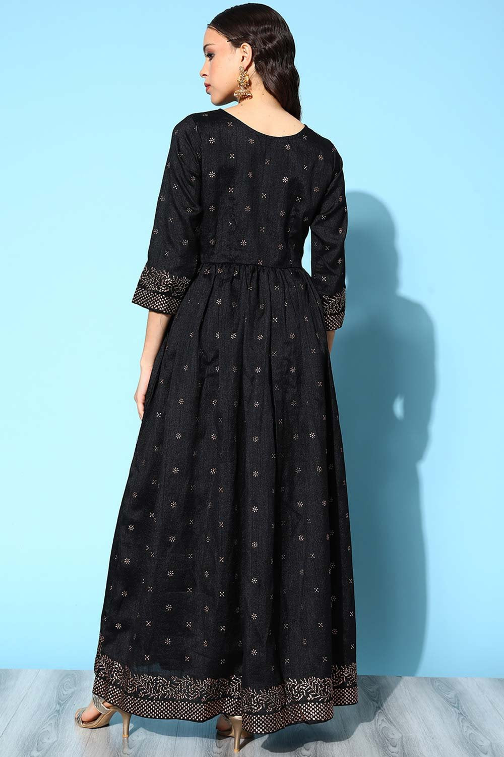 Women's Black Silk Printed Ethnic Dress