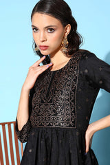 Women's Black Silk Printed Ethnic Dress