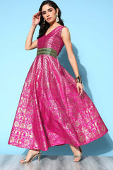 Women's Pink Poly Silk Printed Ethnic Dress