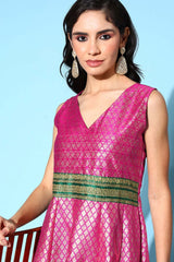 Women's Pink Poly Silk Printed Ethnic Dress