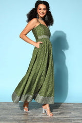 Women's Olive Poly Silk Printed Ethnic Dress