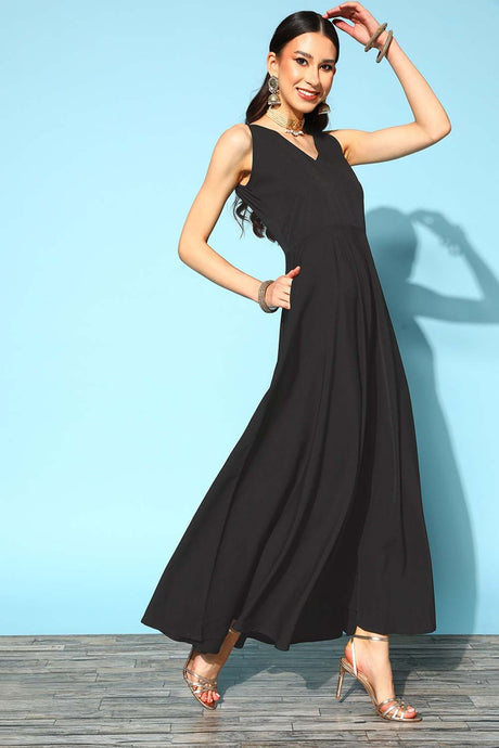 Women's Black Polyester Ethnic Dress