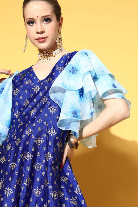 Women's Blue Poly Silk Printed Ethnic Dress