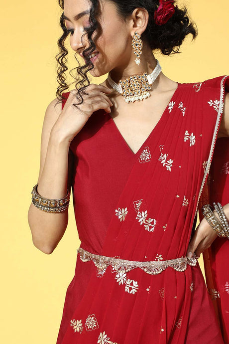 Women's Maroon Polyester Printed Ethnic Dress
