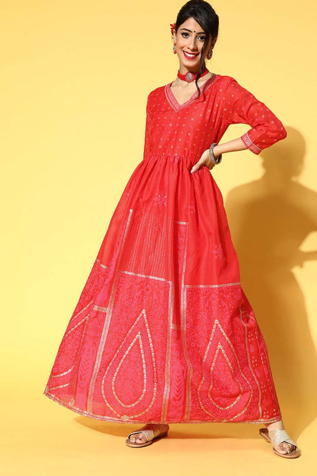 Women's Red Polyester Printed Ethnic Dress