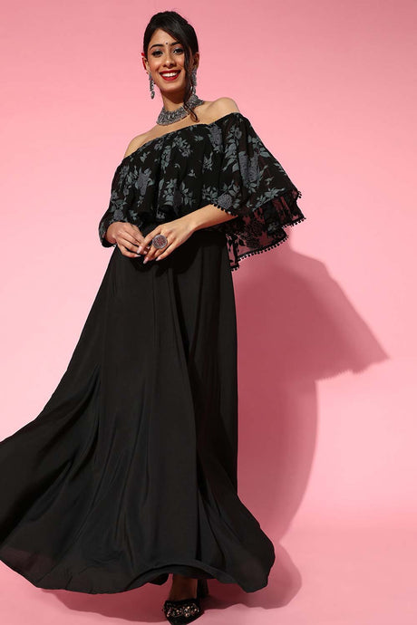 Women's Black Polyester Printed Ethnic Dress