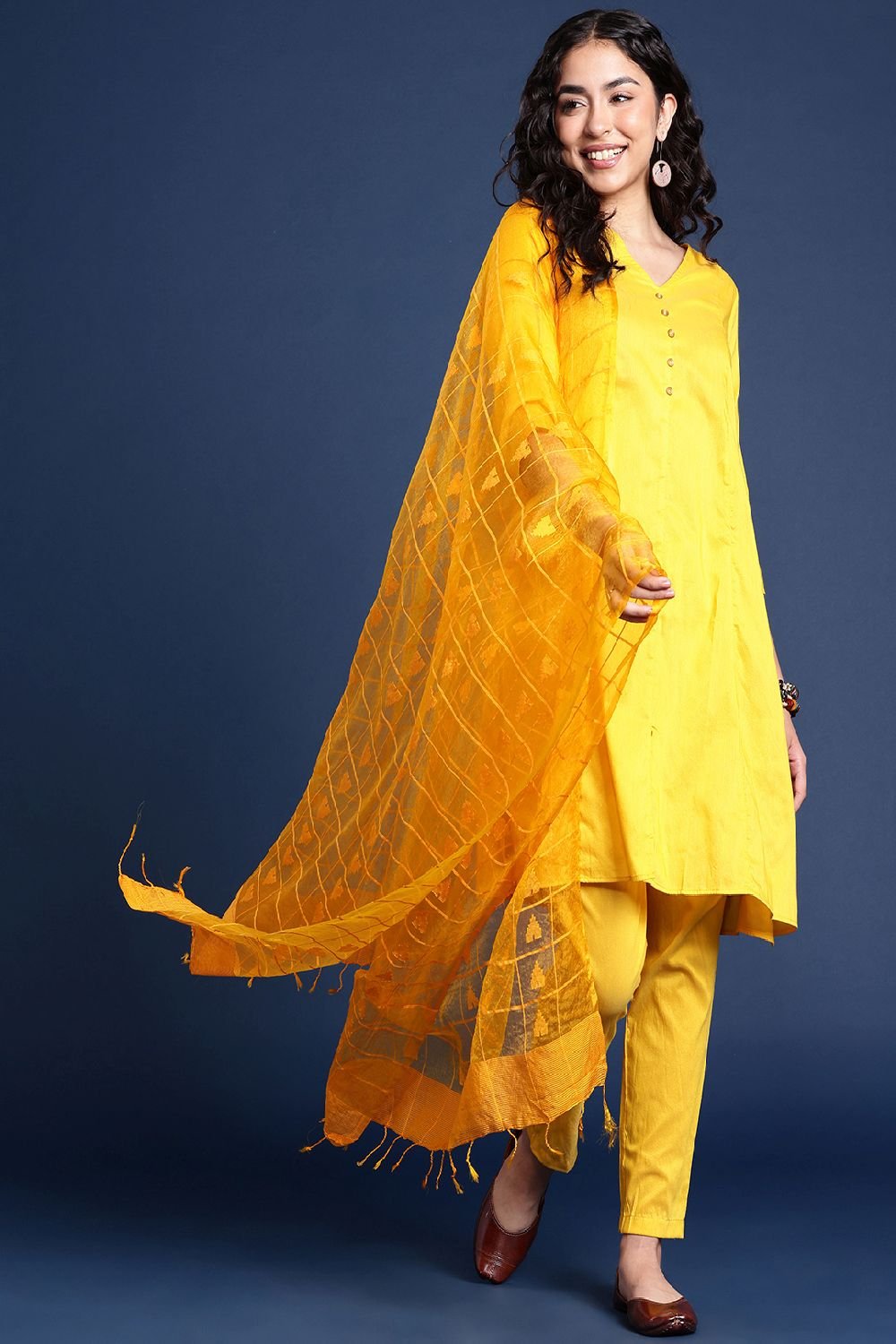 Women's Yellow Silk Blend Dupatta