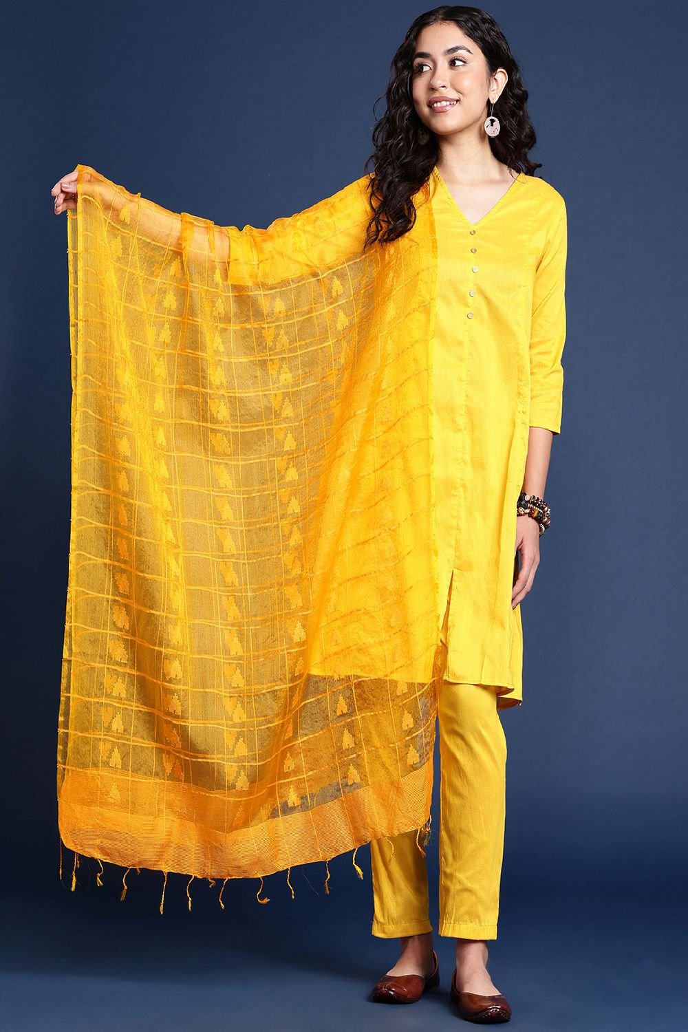 Women's Yellow Silk Blend Dupatta