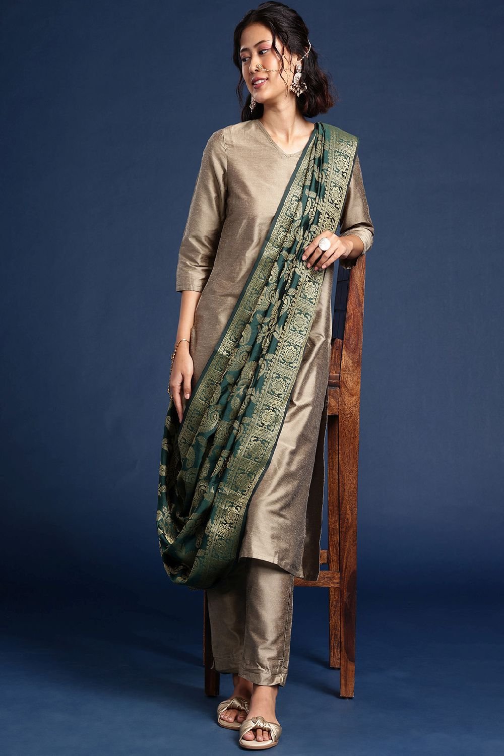 Women's Green Silk Blend Dupatta