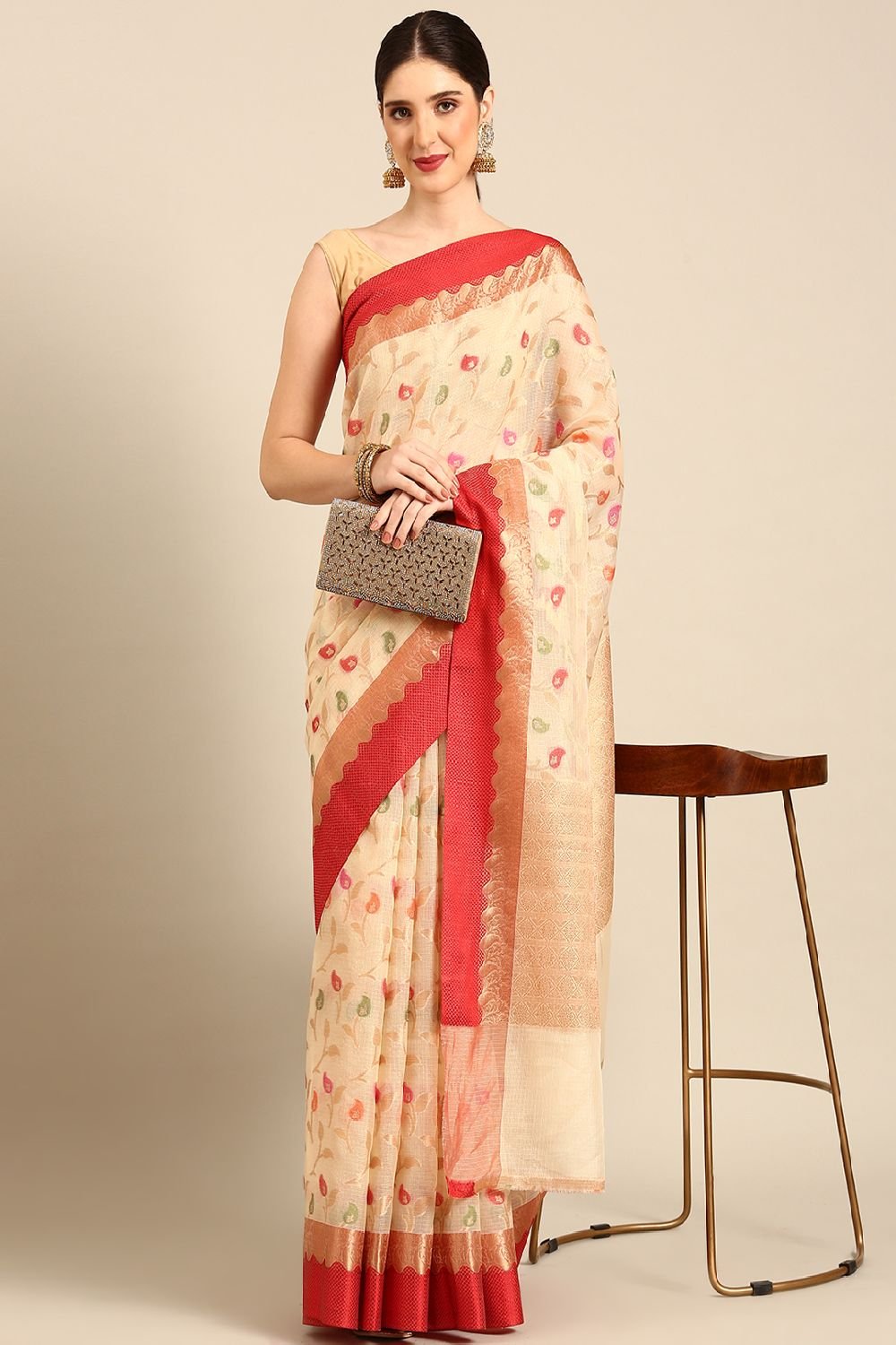 Cream Silk Blend Saree