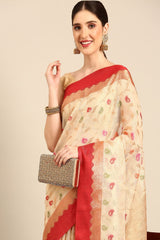 Cream Silk Blend Saree