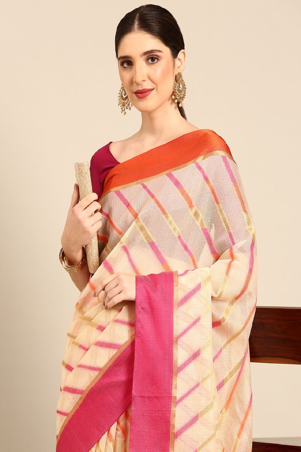 Cream Silk Blend Saree