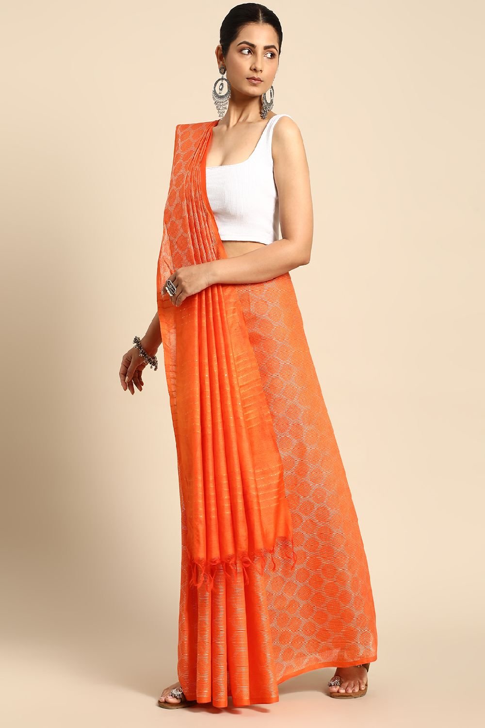 Orange Silk Blend Saree