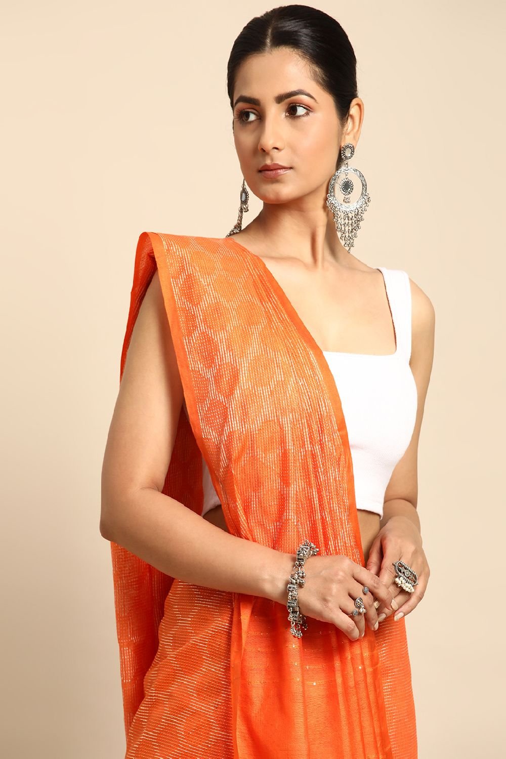 Orange Silk Blend Saree