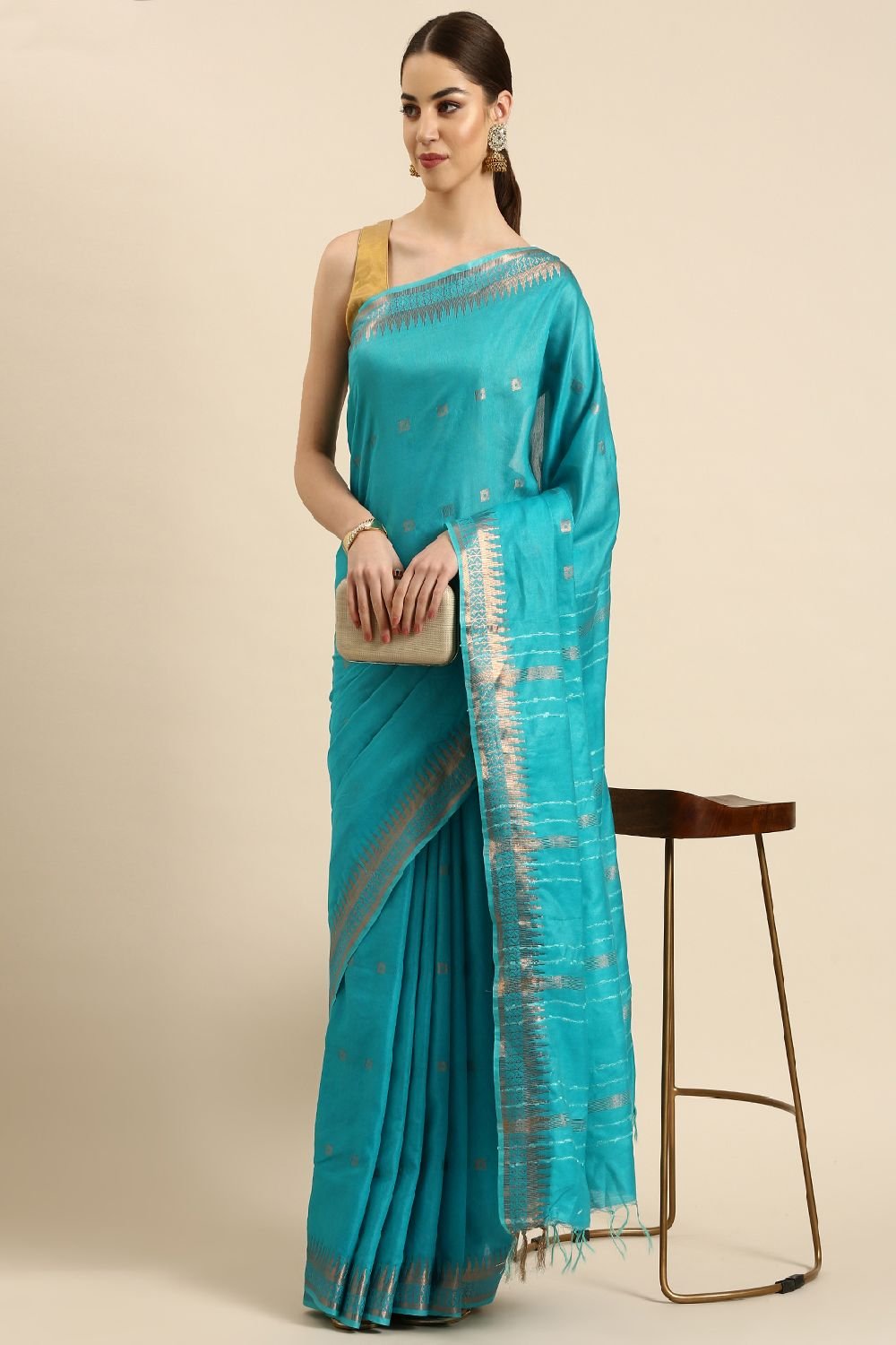 Turquoise Blue Silk Blend Saree