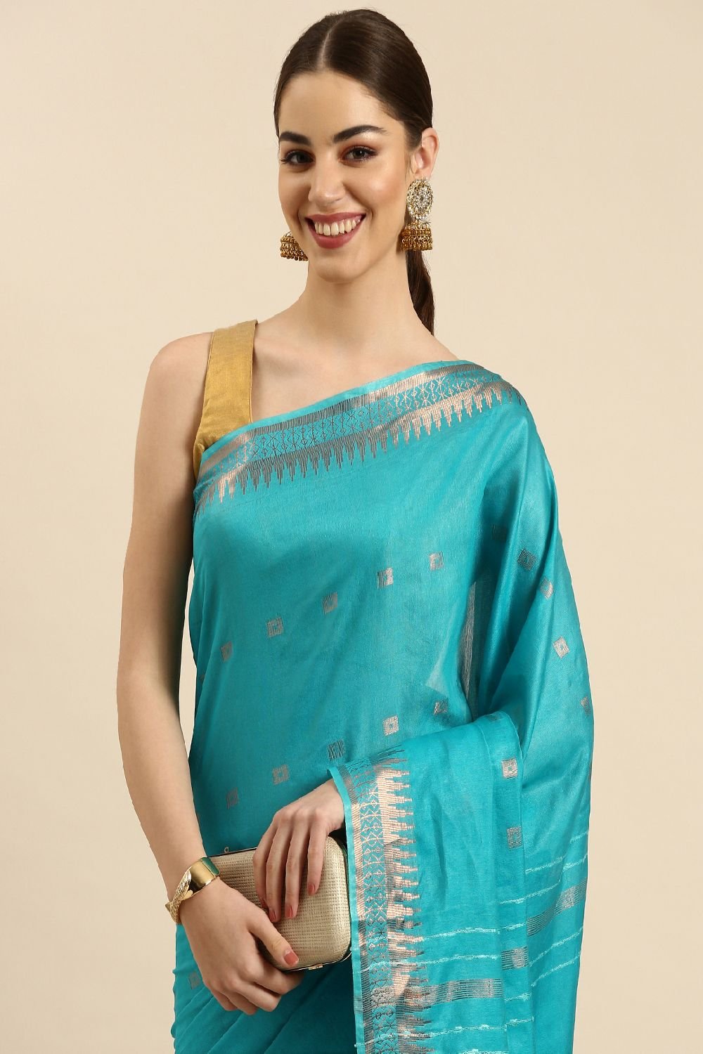 Turquoise Blue Silk Blend Saree