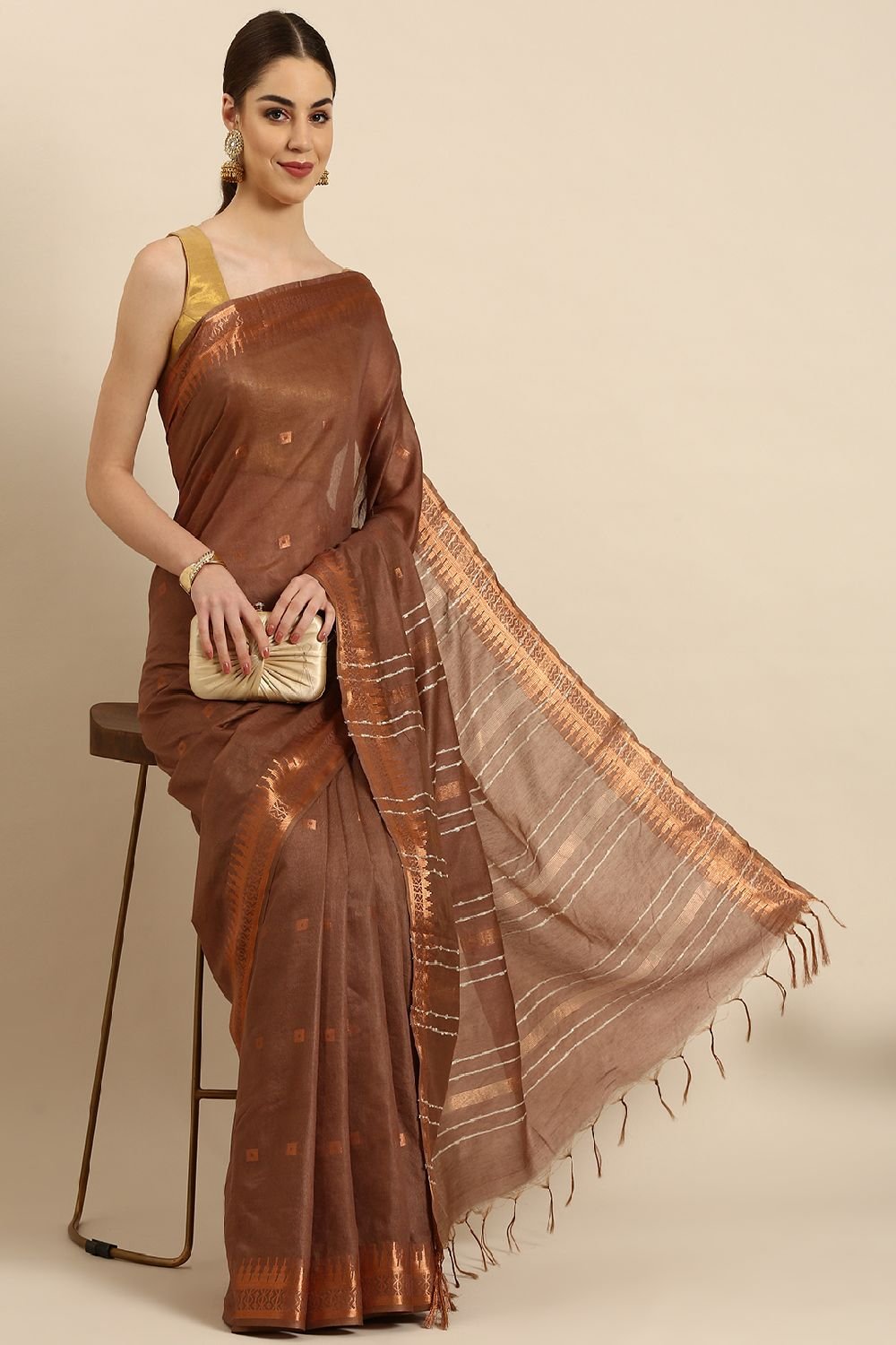 Brown Silk Blend Saree