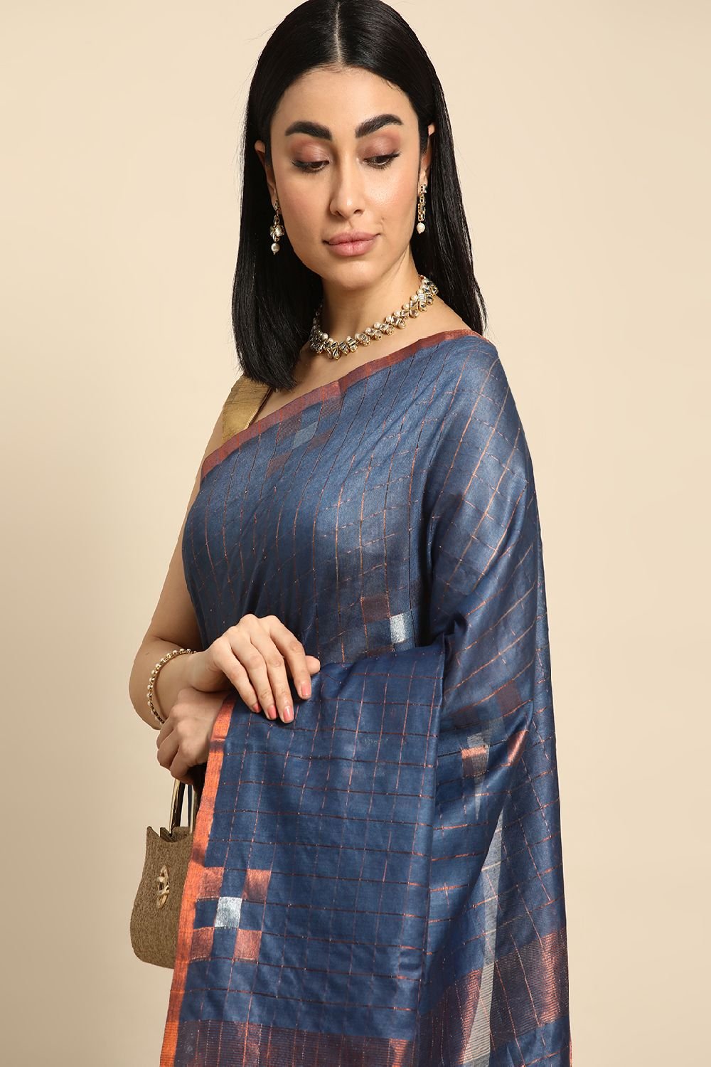 Navy Blue Silk Blend Saree