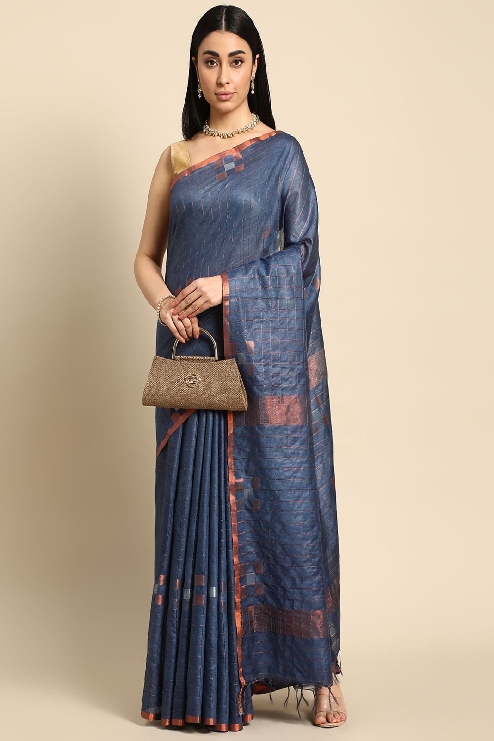 Navy Blue Silk Blend Saree