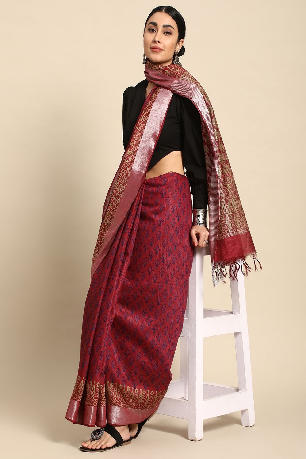 Maroon Silk Blend Saree