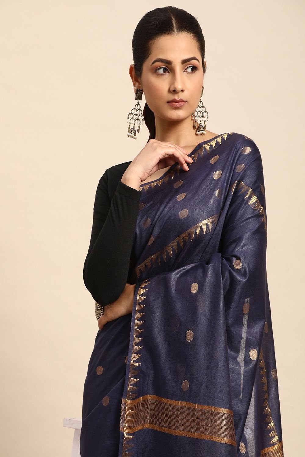 Navy Blue Silk Blend Saree